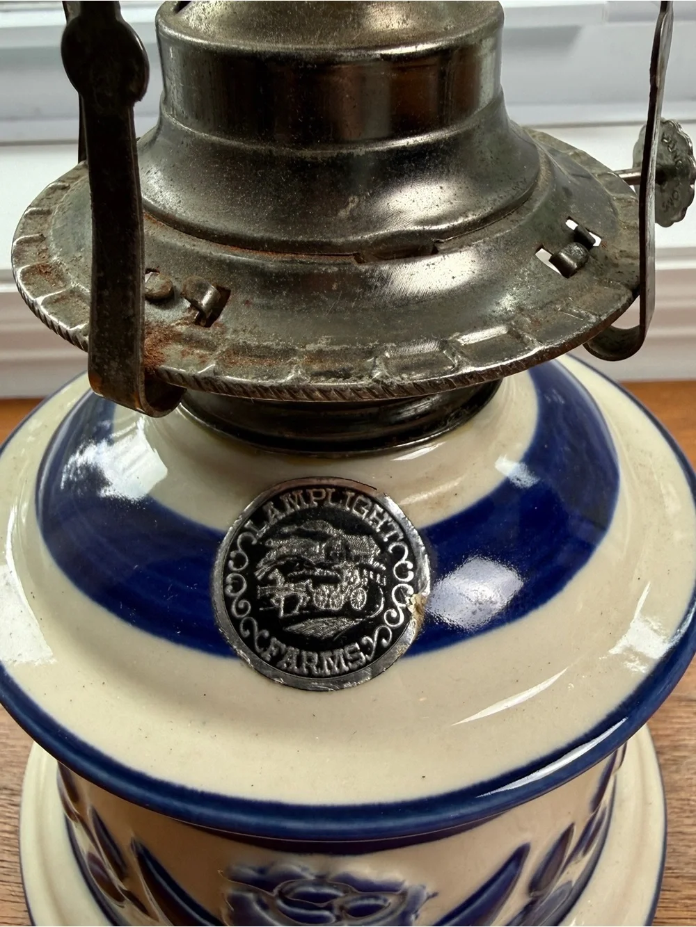 Vintage Lamplight Farms Floral Blue/White Ceramic Base Oil Lamp Prairie Coastal